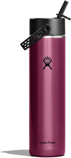 Hydro Flask 24 Oz Lightweight Wide Straw Lid - Insulated Stainless Steel Water Bottle - Hiking. Commuting Garnet Red