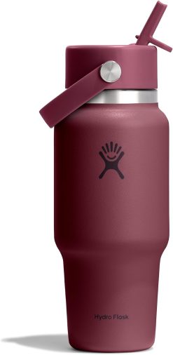 Hydro Flask Travel Water Bottle - Insulated Stainless Steel - Wide Straw Lid. Non Spill. Leakproof in 24 Oz Burgundy