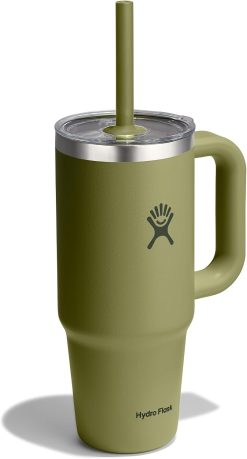 Hydro Flask 24 Oz Travel Tumbler with Handle. Clear Lid and Straw - Insulated Stainless Steel in 24 Oz Palmer Green