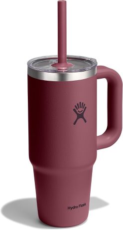 Hydro Flask 24 Oz Travel Tumbler with Handle. Clear Lid and Straw - Insulated Stainless Steel in 24 Oz Burgundy