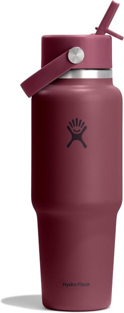 Hydro Flask Travel Water Bottle - Insulated Stainless Steel - Wide Straw Lid. Non Spill. Leakproof in 32 Oz Burgundy