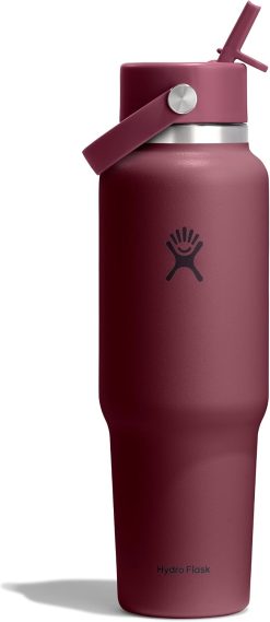 Hydro Flask Travel Water Bottle - Insulated Stainless Steel - Wide Straw Lid. Non Spill. Leakproof in 40 Oz Burgundy