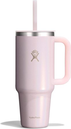 Hydro Flask Travel Tumbler with Handle. Lid and Straw - Insulated Stainless Steel in 40 Oz Glimmer Pink