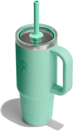 Hydro Flask 24 Oz Travel Tumbler with Handle. Clear Lid and Straw - Insulated Stainless Steel in 24 Oz Mermaid Green