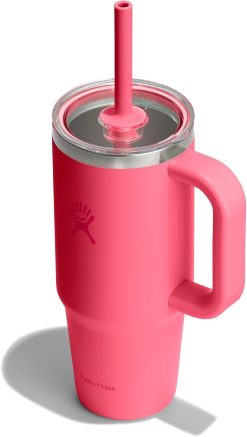 Hydro Flask 24 Oz Travel Tumbler with Handle. Clear Lid and Straw - Insulated Stainless Steel in 24 Oz Popstar Pink