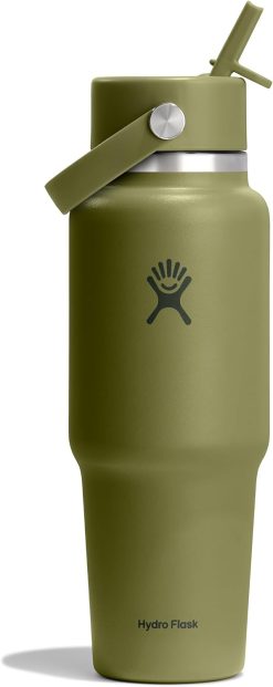 Hydro Flask Travel Water Bottle - Insulated Stainless Steel - Wide Straw Lid. Non Spill. Leakproof in 32 Oz Palmer Green