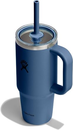 Hydro Flask 24 Oz Travel Tumbler with Handle. Clear Lid and Straw - Insulated Stainless Steel in 24 Oz Harbor Blue