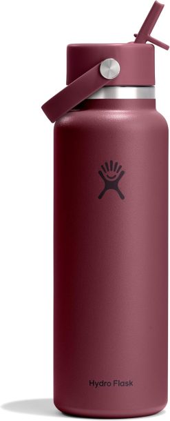Hydro Flask Water Bottle - Insulated Stainless Steel - Wide Straw Lid. Non Spill. Leakproof in 40 Oz Burgundy